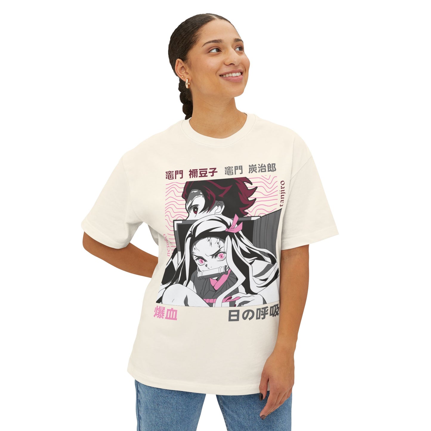 Anime Demon Siblings Graphic Tee — Japanese Text Nezuko & Tanjiro Design