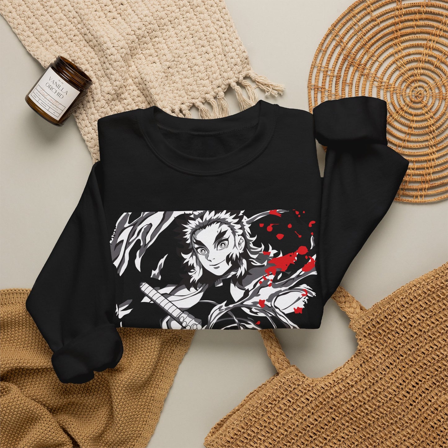 Anime Sword Warrior Sweatshirt — Black & Red Demon Slayer Graphic Crewneck