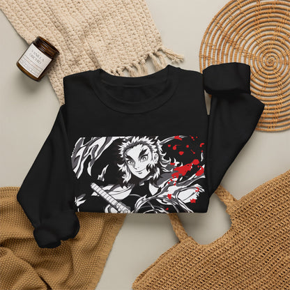 Anime Sword Warrior Sweatshirt — Black & Red Demon Slayer Graphic Crewneck